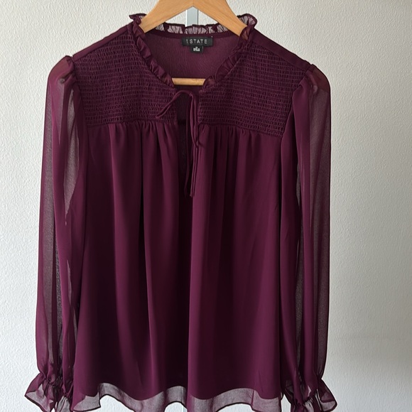 Smocked Blouse 1X Sheer Plum Ruffle Neck Tie Romantic Boho Dark Fairy Whimsigoth - Picture 6 of 10